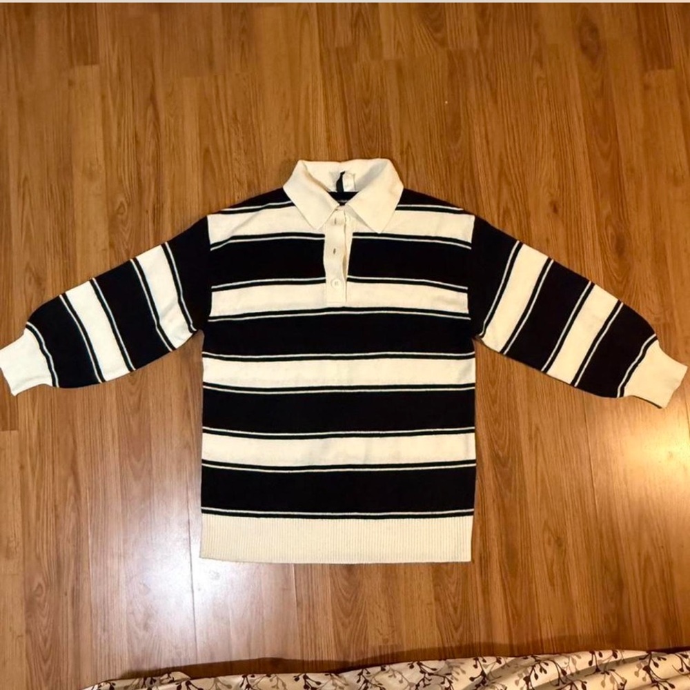Divided Black and Cream Striped Crewneck Sweater